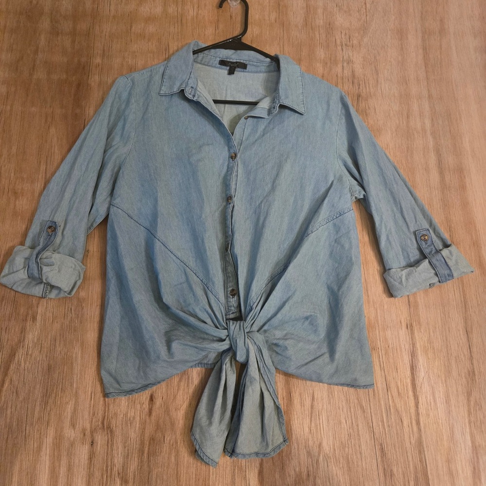 Chambray Denim Tie Front Button Down Shirt Women's Size M Roll Tab Sleeve Papaya